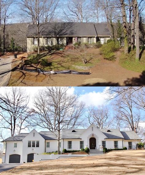 Here's a before-and-after of our recent project on Shiloh Drive in Mountain Brook. A Master wing addition was added at left, but the large and well-refined entrance gable provides the balance to make it work... House Exterior Italian, Rancher Exterior, Home Remodeling Exterior, Renovation House, House Makeovers, House Before And After, Home Exterior Makeover, Outdoor Remodel, Exterior Renovation