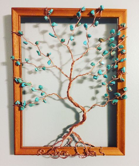 Wire Tree With Stones, Framed Wire Tree, Wire And Bead Tree, Tree Of Life Wire Art, Copper Wire Tree Diy, Diy Copper Wire Projects, Copper Wire Crafts Ideas Diy Projects, Copper Wire Crafts Diy, Crystal Tree Diy