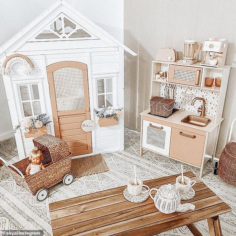 Kmart Cubby House, Kmart Cubby, Ikea Kids Kitchen, Cubby House Ideas, Baby Couch, Kids Cubby Houses, Kids Cubbies, Ikea Play Kitchen, Baby Playroom