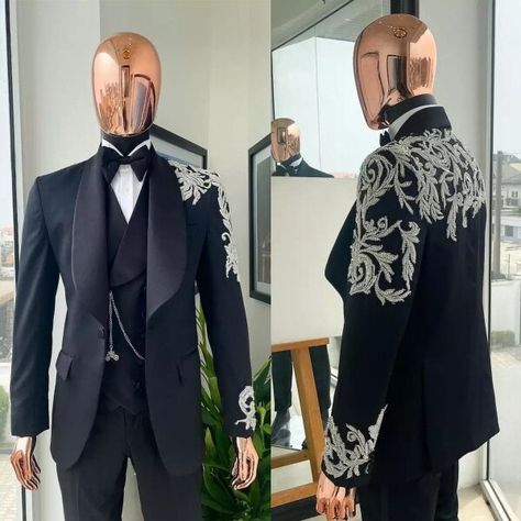 US $128.79 8％ Off | Men Suits Tailor-Made 3 Pieces Blazer Vest Pants One Satin Button Sheer Lapel Gold Appliques Business Wedding Plus Size Tailored Prom Suits For Men Black, Matric Suits, Prom Men Outfit, Md Suits, Black Prom Suits, Heaven Wedding, Mens Dress Shoes Guide, Prom Fits, Prom Men