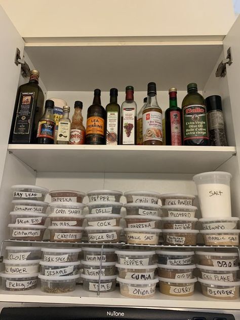 Wes Bos on Twitter: "Organized all my spices today! Love these deli containers. I almost did mason jars but they don’t stack as nicely for our spice cupboard which is up high. Feels good, it was a mess before. https://t.co/cxOwjiIvZ6" / Twitter Deli Containers, Spice Cupboard, Beautiful Pantry, Spice Cabinet, Kitchen Organisation, Spice Containers, Tea Sets Vintage, A Little Life, Spice Organization