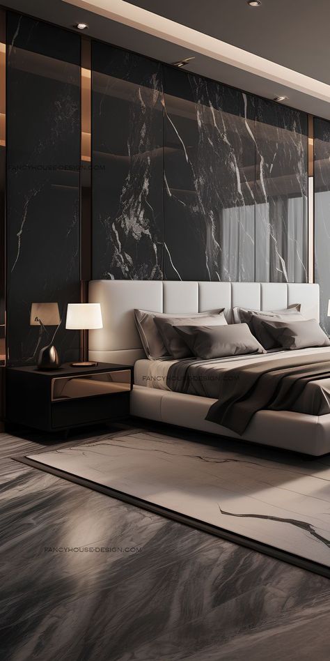 In this modern bedroom, the interior design focuses on neutral tones and textures. A striking marble headboard adds luxury to this master bedroom. Marble Headboard, Luxe Bedroom Design, Modern Luxury Bedroom Furniture, Marble Bedroom, Luxe Bed, Grey Bedroom Decor, Luxe Bedroom, Luxury Bedroom Furniture, Modern Luxury Bedroom