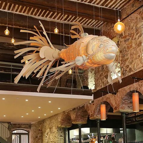 Fish Lamp Hanging Wood Pendant Light Veneer Rattan Chandelier Lighting Restaurant Decorative Light - Etsy