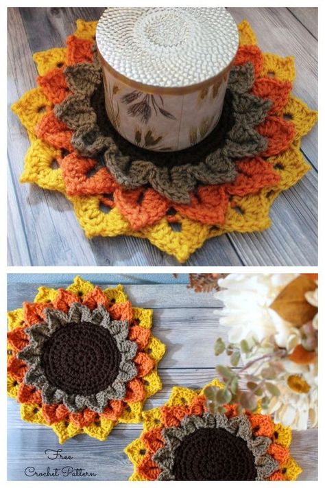 Sunflower Candle Coaster Free Crochet Patterns Crochet Fall Coasters, Crochet Candle Holder Pattern, Crochet Halloween Patterns Free, Crochet Hobby, Crochet Fall Decor, Crochet Candle, Sunflower Candle, Autumn Crochet, Fall Crochet Patterns