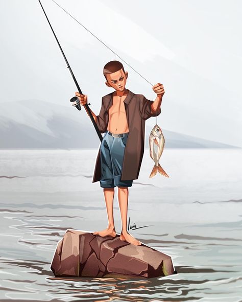 Over Fishing Illustration, Fishing Drawing Reference, Fishing Dock Aesthetic, Fishing Pose Reference Drawing, Fishing Character Design, Fisherman Reference, Fisherman Character Art, Fisherwoman Character Design, Fishing Reference Pose