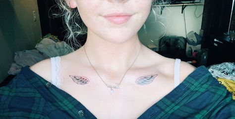 wing tattoos on collar bones Angel Wings Tattoo On Collar Bone, Wing Tattoo On Collar Bone, Wings On Collar Bone Tattoo, Collarbone Wing Tattoo, Angel Wing Collar Bone Tattoo, Wing Collar Bone Tattoo, Angel Wings Collar Bone Tattoo, Tatto Sleeve, Collar Bone Tattoo For Men