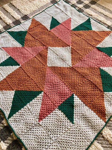 I've been absolutely in love with designing quilt-style crochet blankets for several years now. Typically these have been done with smaller pieces, so for this one I wanted something large scale. Each square is approximately 9 inches (23 cm). This crochet blanket was inspired by large quilt blocks that you might see on the side of a barn. Pattern Details Skill Level: Beginner Hook Used: Uses a 6mm/J crochet hook. If you choose to go up or down in yarn weight, adjust your hook size according to y Complicated Crochet Blanket, Crochet Quilt Blocks, Quilt Style Crochet Blanket, Aztec Granny Square Crochet, Crochet Geometric Pattern, 6 Day Blanket, Quilt Crochet, Crochet Honeycomb Blanket, Geometric Crochet Blanket