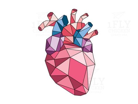 Geometric Anatomical Heart, Quadrilateral Art Design, Art Using Shapes, Art With Shapes, Polygonal Animals, Heart Design Art, Anatomic Heart, Heart Art Painting, Cool Heart