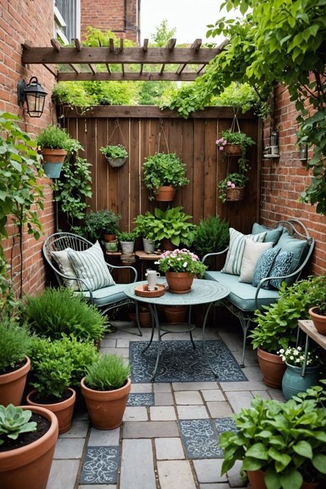 Aesthetic Small Garden Ideas, Small Walled Courtyard Gardens, Decorating Small Patio Spaces, Mini Courtyard Garden, Mini Outdoor Garden, Mini Courtyard Ideas, Patio Small Ideas, Tiny Patio Garden, Outdoor Patio Garden Ideas