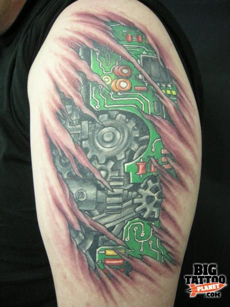 Motherboard and gears tattoo...INSIDE YOU Gears Tattoo, Gear Tattoo, Egypt Tattoo, Biomechanical Tattoo, Bible Verse Posters, Drawing Tattoo, Head Tattoos, Geek Art, Artist Profile