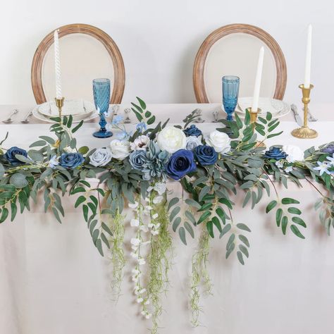 9ft Head Table Flower Garland In Dusty Blue & Ivory Table Flower Garland, Head Table Garland, Wedding Fireplace, Fireplace Garland, Arch Decor, Table Garland, Sweetheart Table Wedding, White Centerpiece, Table Flower