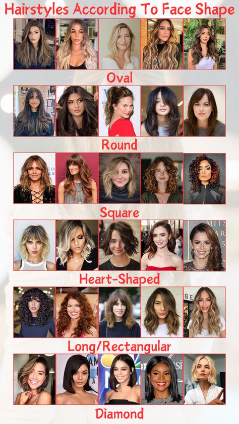 A visual guide showcasing various hairstyles suited for different face shapes, including oval, round, square, and heart-shaped faces. Each hairstyle is designed to enhance facial features and provide inspiration for a new look. How To Find Out Your Face Shape, Perfect Haircut For Oval Face, Best Hairstyle For Heart Shaped Face, Heart Shaped Face Haircuts Long, Head Shapes Hairstyles, Haïr Cut For Heart Face, Hair Styles For Oval Shape Women, Face Shape Guide Hairstyles, How To Find Your Face Shape