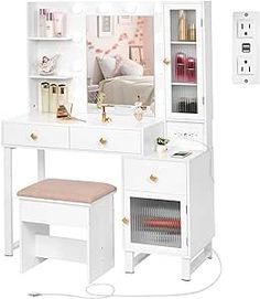 White Vanity Table, White Vanity Desk, Girls Vanity, Makeup Vanity Lighting, Vanity Desk With Mirror, Desk With Mirror, Mirrored Vanity Table, Mirrored Vanity Desk, Vanity Benches