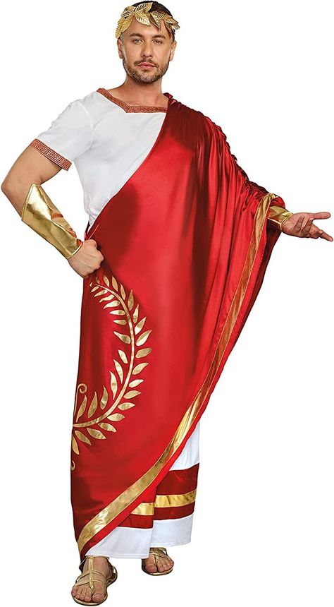 Ancient Roman Costume, Rome Outfits Summer, Julius Caesar Costume, Red Satin Fabric, Rome Outfits, Roman Man, Gold Leaf Headband, Roman Costume, Couples Costume