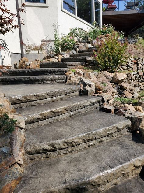 Sloped Backyard Ideas, Sloping Backyard, Concrete Step, Lake Landscaping, Rock Steps, Landscape Stairs, Stone Step, Backyard Ideas On A Budget, Landscape Outdoor