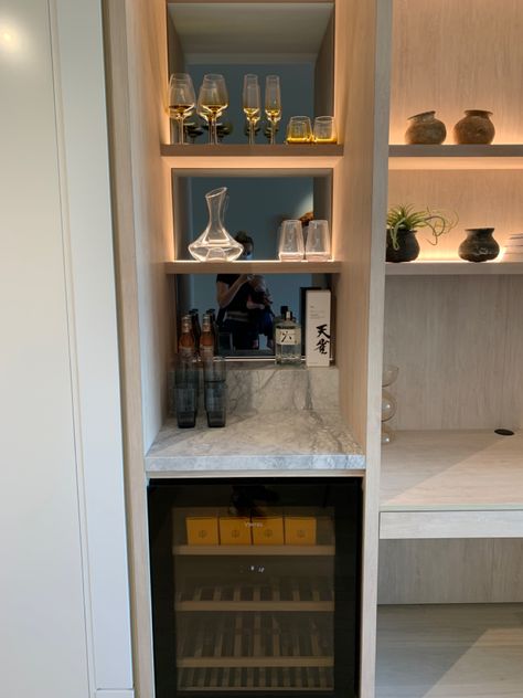 Wine Fridge Nook, Wine And Coffee Bar Closet, Wine Fridge Living Room, Wet Bar Closet, Built In Mini Bar, Wine Closet Ideas Small Spaces, Dining Room Cabinets Built In, Concealed Bar, Bar Closet