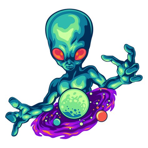 A green alien with big red eyes rules the planet in the solar system like a witch with her magic ball! The space sticker with Alien and Planet! Planet Drawing, Cult Leader, Skateboard Art Design, Alien Drawings, Green Alien, Alien Tattoo, Arte Alien, Magic Ball, Alien Design