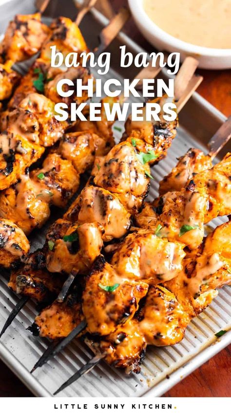 Boom Boom Chicken Skewers, Chicken And Shrimp Skewers, Easy Chicken Skewers Grilled, Chicken Thigh Skewers Kebab Recipes, Bang Bang Chicken Skewers Grilled, Bbq Chicken Skewers Grilled, Chicken Tender Skewers, Chicken Skewers Appetizers, Grilled Chicken Skewer Recipes