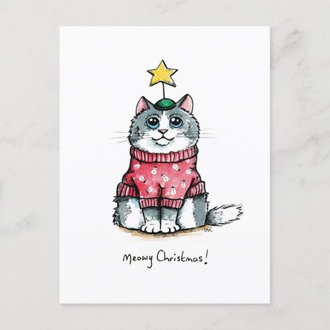 Red Christmas Jumper, Cat Magnets, Grey And White Cat, Merry Christmas Gift Tags, Illustration Cat, Christmas Magnet, Valentine Postcards, Frankenstein Halloween, Watercolor Christmas Cards