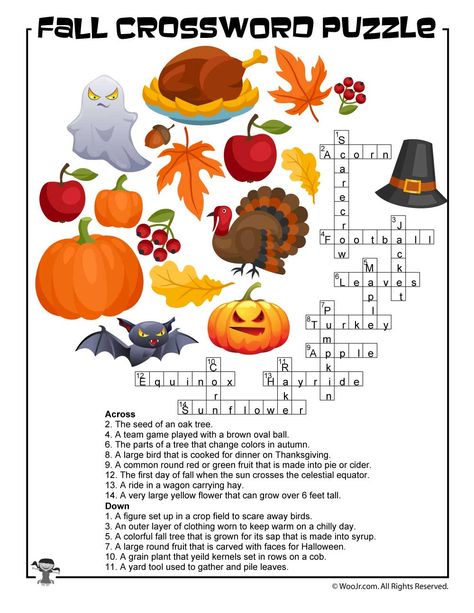 Fall Puzzles Printables, Fall Crossword Puzzles Printable, Fall Crossword, Autumn Word Search, Thanksgiving Crossword, Fall Word Search, Word Puzzles For Kids, Puzzle Printable, Autumn Puzzle