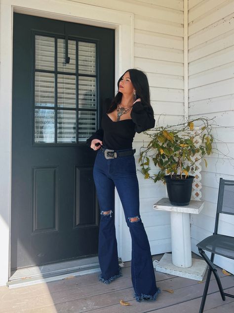 Shop Farrah Denim Distressed High … and other curated products on LTK, the easiest way to shop everything from your favorite creators. Flare Jeans Style, Western Fits, Perfect Date, Pretty Stuff, Western Outfits, Night Outfits, Date Night Outfit, Jeans Style, Flare Jeans