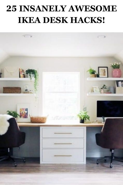 Easy IKEA Desk Hacks For Home Offices, Work Spaces And Craft Room Organization Office Nook Slanted Ceiling, Ikea Cabinet Hack Office, Ikea Hack Home Office Desk, Ikea Shelves Above Desk, Ikea Desk In Living Room, Open Shelving With Desk, Ikea Home Office Ideas For Two, Ikea Desk Hack With Bookshelf, Desk Over Radiator Ikea Hacks