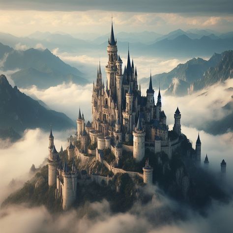 A castle in the clouds, where dreams find their sanctuary. Castle On Clouds, Dark Castle Art, Castle In Clouds, Air Kingdom, Castle Gothic, Mountain Castle, Castle Inspiration, Cloud Castle, Castle In The Clouds