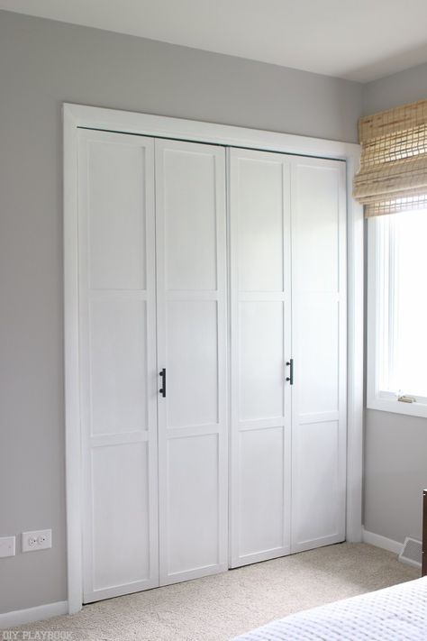 Have old bifold closet doors in your home? Upgrade them with this simple DIY tutorial. We added trim, paint, and sleek black handles for a new upgraded look on a budget! Closet Shutter Doors Ideas, Modern Bifold Closet Doors, Old Closet Doors, Bifold Doors Makeover, Pintu Interior, Bedroom Closet Doors, Closet Door Makeover, Dream Ideas, Bifold Closet Doors