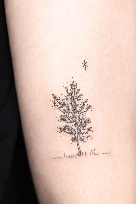 Beautiful Tree Tattoo Designs with a Deeper Meaning to Them ★ Beautiful Tree Tattoos For Women, Tree Initials Tattoo, Elm Tree Tattoo Simple, Elegant Tree Tattoo, Sibling Tattoos For 3 Trees, Womens Tree Tattoos, Nature Tattoos With Meaning, Oak Tree Tattoo Small Simple, Line Work Tree Tattoo