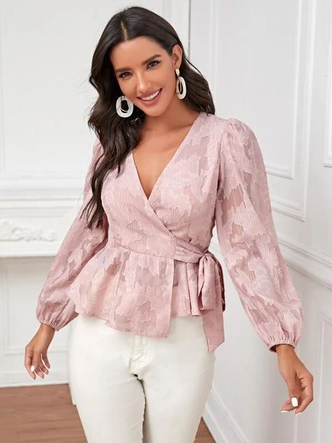 Puff Sleeve Self Tie Wrap Blouse | SHEIN USA Ruffle Top Blouses, Floral Babydoll Top, Blouse Casual Fashion, Boho Layering, Spring Women, Women Blouses, Crop Top Sweater, Wrap Blouse, Boho Blouses