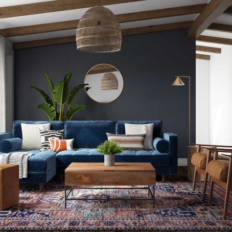 Modern Living Room Blue, Mcm Living Room, Blue Sofas Living Room, Blue Couch Living Room, Velvet Sofa Living Room, Moody Living Room, Blue Couch, Mid Century Living Room, Home Decor Ideas Living Room