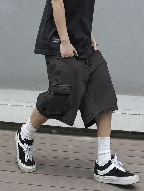 Men Casual Flap Pocket Side Baggy Denim Shorts Grey    Denim Plain Bermuda Non-Stretch  Men Clothing, size features are:Bust: ,Length: ,Sleeve Length: Short Jeans Style, Baggy Shorts Outfit, Temporary Wardrobe, Trip Clothes, Baggy Denim Shorts, Loose Fit Denim, Ninjago Movie, Casual Denim Shorts, Mens Shorts Outfits