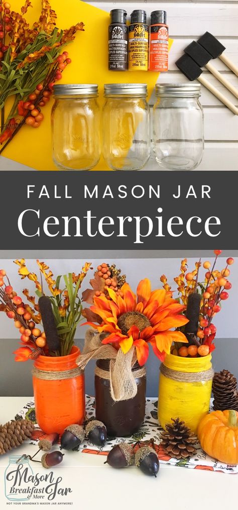 What are your favorite Mason jar craft ideas for fall décor? Let this beautiful fall Mason jar centerpiece inspire you. Simply paint three Mason jars with vibrant fall colors, add twine and fall flowers to create this stunning DIY fall décor. Craft Ideas For Fall, Mason Jar Craft Ideas, Jar Craft Ideas, Easy Mason Jar Crafts Diy, Fall Mason Jar Centerpieces, Mason Jar Breakfast, Fall Mason Jar Crafts, Fall Jars, Easy Mason Jar Crafts