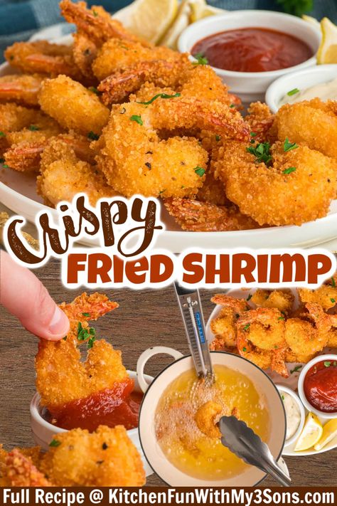 Panko breadcrumbs help ensure these Fried Shrimp end up with a perfectly crispy texture every time. Ready in just 30 minutes, these make a great appetizer or entree. Just serve with tartar sauce or cocktail sauce for dipping! Fried Shrimp Batter, Shrimp Batter, Crispy Fried Shrimp, Fried Shrimp Recipes, Fantastic Recipes, Shrimp Sauce, Crispy Shrimp, Shrimp Recipes For Dinner, Kitchen Fun