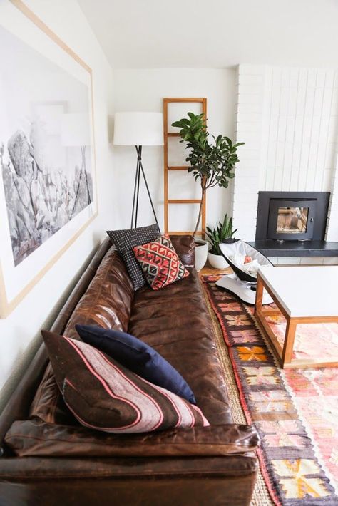 California House Tour | A Cup of Jo - The beautiful Davis, CA home of Ashley from Hither and Thither Living Room And Dining Room, Leather Couch, A Rug, California Homes, A Living Room, West Elm, Living Room Inspiration, Home Fashion, Living Dining Room