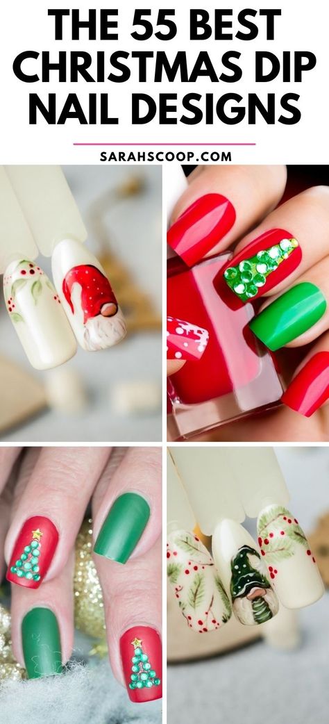 Get into the festive spirit with these stunning Christmas dip nail ideas! 💅🎄 #ChristmasNails #HolidayNailArt #nailinspo Easy Christmas Dip Nail Ideas, Christmas Gel Dip Nails, Dip Powder Nails For Christmas, Holly Leaf Nails, Dip Powder Christmas Nail Designs, Xmas Nails Red And Green, Cute Dip Nail Designs, Powder Dip Christmas Nails, Christmas Nail Designs Dip Powder