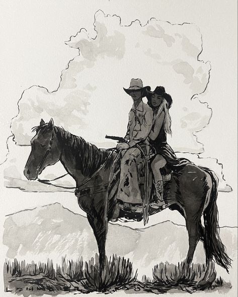 Cowboy On Horse Illustration, Cowboy Comic Art, Cowboy Riding Horse Drawing, Cowgirl Drawing Reference, Cowgirl Art Drawing, Cowboy On Horse Drawing, Rodeo Drawings, Cowgirl Sketch, Cowboy Drawings