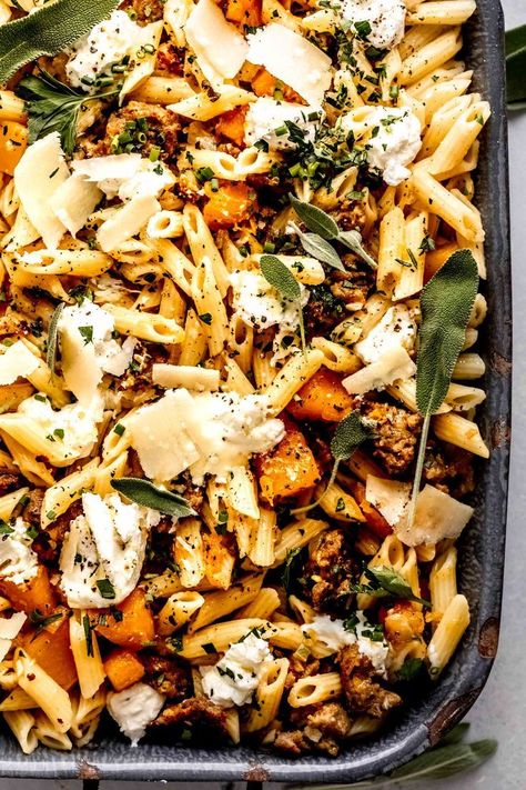 Butternut Squash Pasta With Sausage, Pasta With Butternut Squash, Squash Pasta Recipe, Goat Cheese Pasta, Pasta With Sausage, Butternut Squash Pasta, Squash Pasta, Butternut Squash Recipes, Fall Dinner