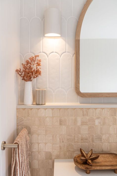 Ledge Behind Bathroom Vanity, Instagramable Bathroom Ideas, Tile To Ceiling Bathroom, Travertine Modern Bathroom, Ledge Behind Vanity, All Stone Bathroom, Tile Wall Bathroom Vanity, Organic Style Bathroom, Beach Spa Bathroom