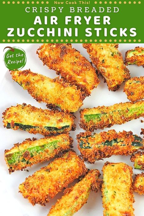 These easy Crispy Breaded Air Fryer Zucchini Sticks (or zucchini fries) with parmesan cheese make a delicious appetizer, snack, or side dish. And because there's a lot less oil than deep-frying, they have less calories too. Perfect for dipping into some marinara sauce or ranch dip/dressing! Get the recipe and give these breaded zucchini sticks a try! Gluten Free Zucchini Fries, Healthy Air Fryer Dinner, Zucchini Sticks Recipes, Breaded Zucchini, Deep Fried Zucchini, Air Fryer Zucchini Fries, Fried Zucchini Recipes, Air Fryer Zucchini, Recipe Air Fryer