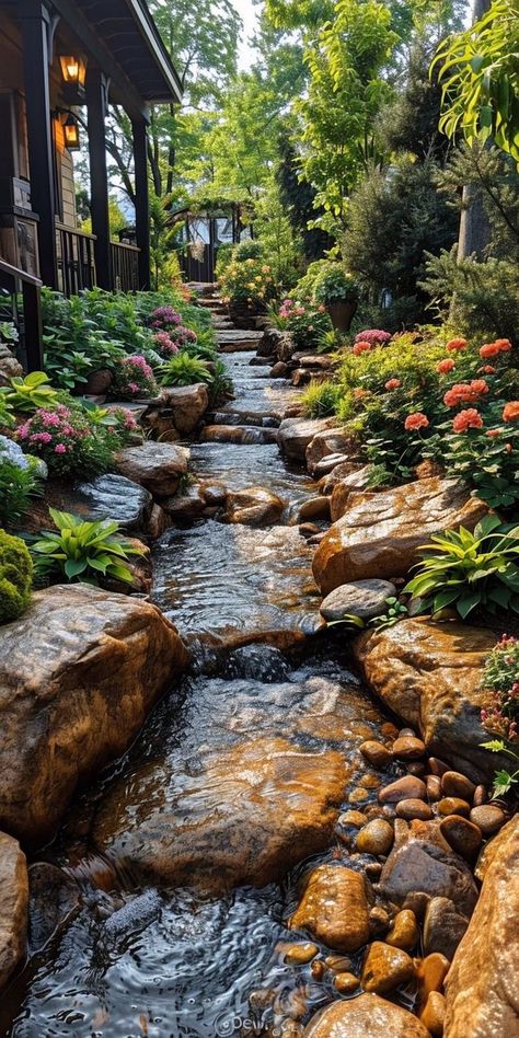 Garden With Stream, River In Backyard, Big Garden Ideas Landscaping, Creek Landscaping Natural, Big Garden Aesthetic, Backyard Ponds And Waterfalls, Garden Stream, Taman Air, Big Trees