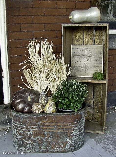 How to build a porch vignette Build A Porch, How To Build A Porch, Outside Fall Decorations, Outside Fall Decor, Copper Tub, Metal Tub, Primitive Homes, Fall Front Porch Decor, Fall Deco