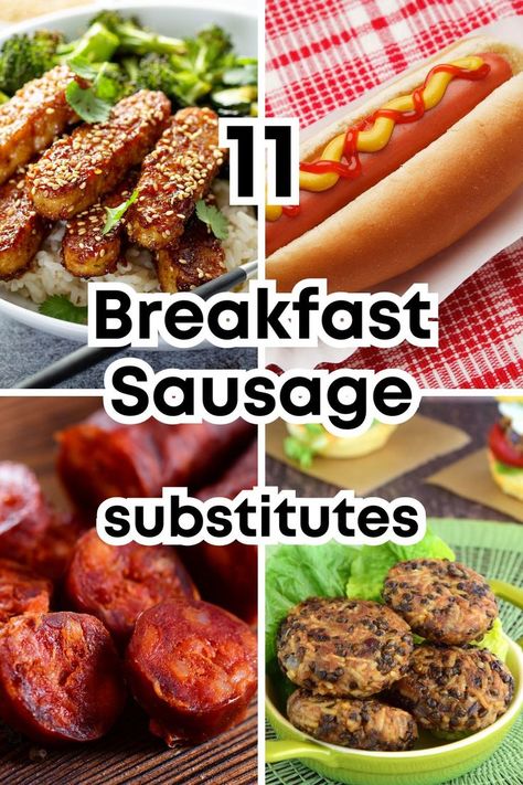 tempeh, lentil patty, hot dog, chorizo, and text "11 breakfast sausage substitutes" Breakfast Sausage, Meat Substitutes, Breakfast Idea, Frugal Meals, Sausage Breakfast, Breakfast For Kids, Sausages, Breakfast Casserole, Healthy Breakfast Recipes