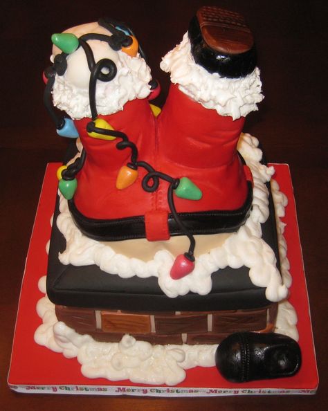 Butt Crack Santa - Butt crack Santa. Humourous Christmas cake. Notice the toe sticking out of his torn sock..someone needs to buy Santa some new socks! :)    Marble cake with Raspberry Swiss Buttercream filling. Everything edible as usual. :) Doodle Cake, Thank You Cake, Santa Chimney, Santa Cake, Chimney Cake, Christmas Cake Pops, New Year's Cake, Christmas Cake Decorations, Xmas Cake