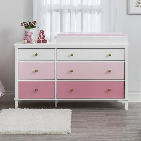 Toddler Dresser, Pink Changing Table, Jenny Lind Changing Table, Changing Dresser, Changing Table Topper, Dresser Wood, Changing Tables, Diy Dresser Makeover, Nursery Rainbow