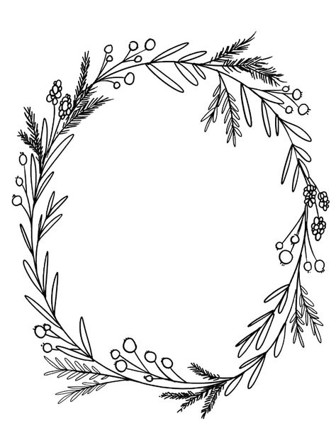 Drawn Wreath Christmas, Floral Embroidery Wreath, Simple Wreath Drawing, Wreath Drawing Simple, Christmas Wreath Drawing, Floral Wreath Drawing, Christmas Line Art, Joy Wreath, Wreath Illustration