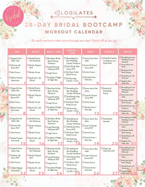 28-Day Bridal Bootcamp Workout Calendar Bridal Bootcamp Workout, Cardio Moves, Wedding Workout Plan, Bridal Workout, Bridal Bootcamp, Beachbody Workout, Bootcamp Workout, Bride Workout, Wedding Body