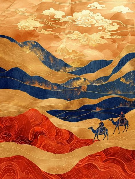 Dunhuang, Cyberpunk Desert, Silk Road Art, Camel Illustration, Desert Caravan, Stylized Clouds, Camels Illustration, Camels Art, Chinese Element