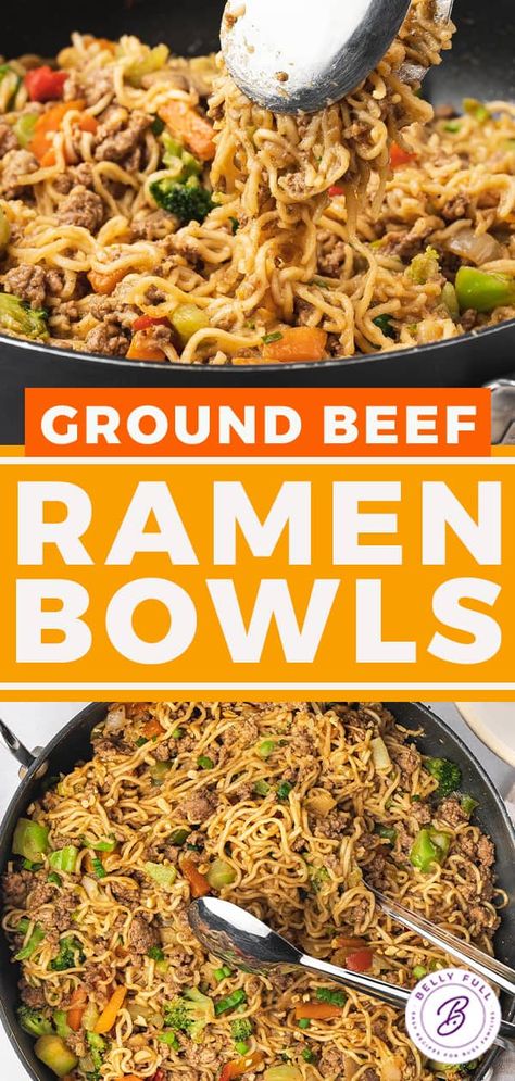 These Ground Beef Ramen Bowls are made with ramen noodles, ground beef, and stir fry veggies coated in a sweet and salty Asian stir-fry sauce. Ready in under 30 minutes, this ramen skillet makes a super delicious, quick and easy weeknight dinner. Hamburger Meat Ramen Noodles, Beef And Noodle Bowl, 12 Tomatoes Ground Beef Ramen Skillet, Hamburger Ramen Noodle Stir Fry, Ramen Skillet Recipes, Chinese With Ramen Noodles, Easy Ground Beef Ramen, Ramen Noodle Hamburger Recipes, Beef Ramen Noodle Recipes Crock Pot