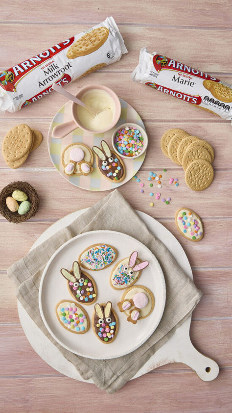 Keep the kids entertained this Easter with a bunny-tastic biscuit decorating activity 🐰 They are so adorable, easy and fun to make! Simply spread melted chocolate over your Arrowroot or Marie biscuit and add your toppings - full recipe link in bio 😍 #Arnotts #ArnottsBiscuits #MarieBiscuits #MilkArrowroot #Easter #EasterBiscuits #EasterRecipe #ThereIsNoSubstitute Easter Arrowroot Biscuits, Arrowroot Biscuit Decorating, Arnotts Biscuits, Arrowroot Biscuits, Biscuit Decorating, Easy Easter Recipes, Easter Biscuits, Marie Biscuit, Fun Activity For Kids